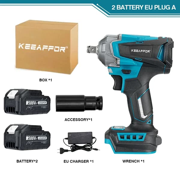 KeeAffor 1200N.M Sähkökäyttöinen Iskuväännin, 18V, 6700 RPM,2 AKKU EU PISTOKE A