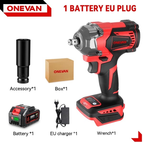 Elektrisk slagnyckel, 1200NM vridmoment, trådlös med LED-ljus,1 Batteri EU Kontakt