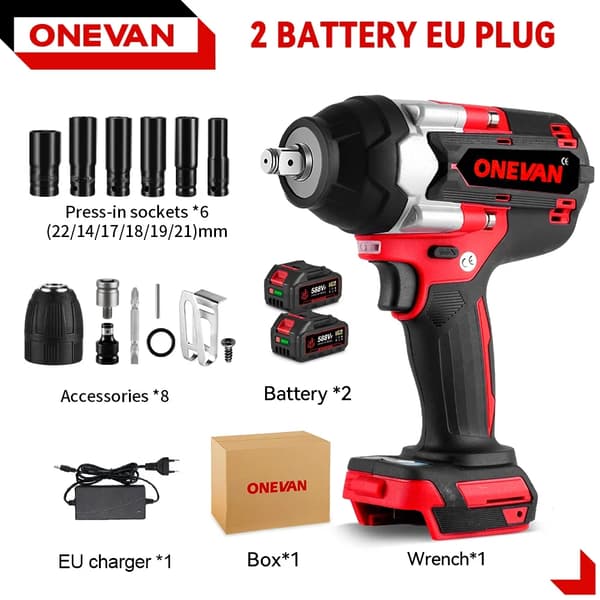 Elektrisk slagnyckel, 1800NM vridmoment, trådlös drivare,2Batteri 1Kontakt-Set A