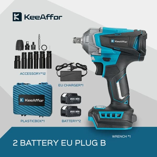 Elektrisk Slagnyckel, 1200N.M Moment, 18V Batteridriven,2 BATTERI EU PLUG B, EU