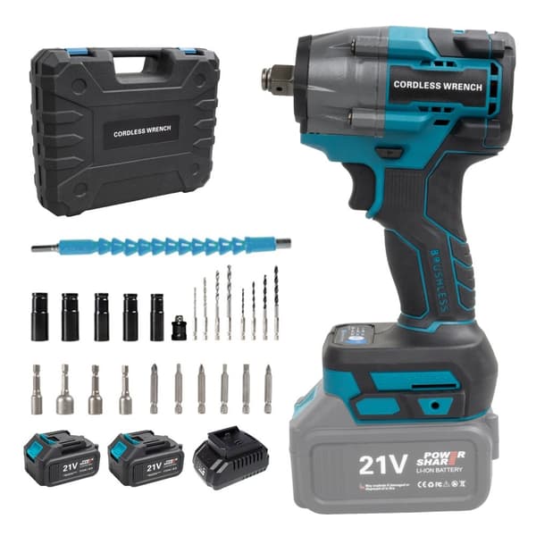 Batteridriven Slagskruvdragare, 480N.m Vridmoment, Borstlös Motor, 21V Batteri,EU, Blå 2 Batteri