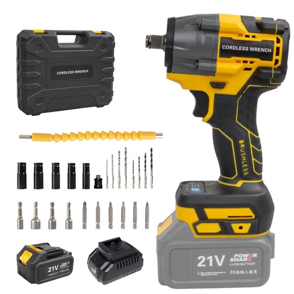 Batteridriven Slagskruvdragare, 480N.m Vridmoment, Borstlös Motor, 21V Batteri,EU, Gul 1 Batteri