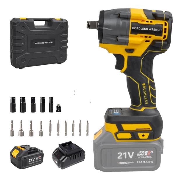 Batteridriven Slagskruvdragare, 480N.m Vridmoment, Borstlös Motor, 21V Batteri,EU, Gul 1 Batteri