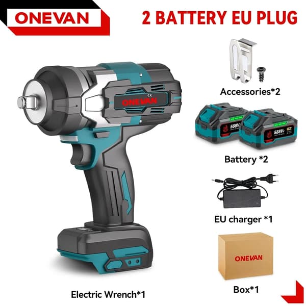 Borstlös elektrisk slagnyckel, 2800N.M vridmoment, 8000 RPM hastighet,2 Batteri 1EU Kontakt