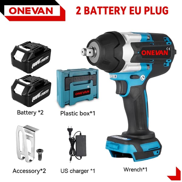 Batteridriven elektrisk slagnyckel, 1800N.M vridmoment, 7000rpm tomgångshastighet,Blå - 2Batteri EU B