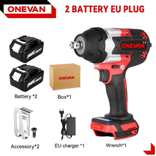Batteridriven elektrisk slagnyckel, 1800N.M vridmoment, 7000rpm tomgångshastighet,Röd- 2Batteri EU A