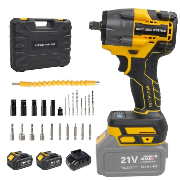 Batteridriven Slagskruvdragare, 480N.m Vridmoment, Borstlös Motor, 21V Batteri,Gul 2 Batteri, EU