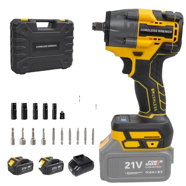 Batteridriven Slagskruvdragare, 480N.m Vridmoment, Borstlös Motor, 21V Batteri,Gul 2 Batteri, EU