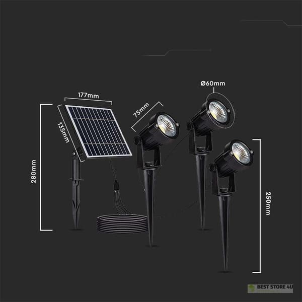 Maahan asennettava LED-puutarhavalaisin V-TAC aurinkopaneelisetti 3x1.2W IP65 VT-11032 3000K 50lm 3 vuoden takuu