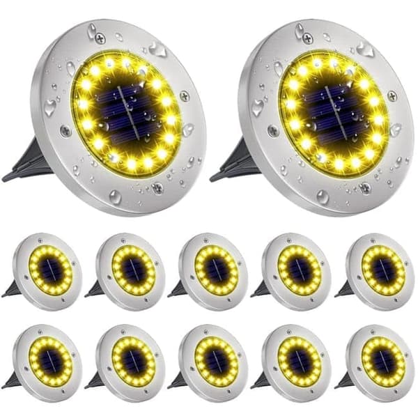 Bomclap 12-pakkaus aurinkoenergialla varustetut maavalaisimet 16 LEDillä, vedenpitävä, lämmin valkoinen puutarhaan ja terassille Varmt ljus-16LED, 12 st