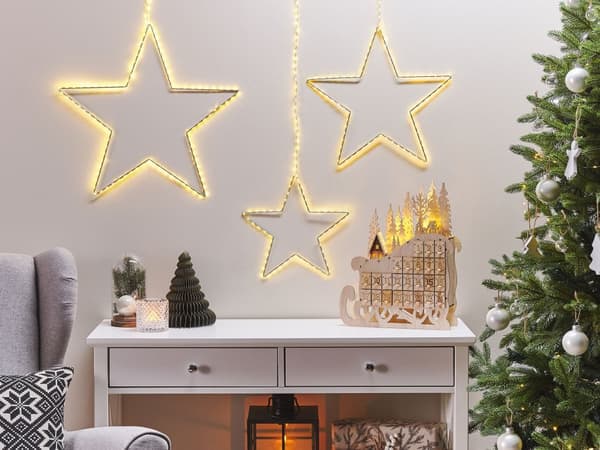 Set av 3 Dekorationer Silver Metallram LED Ljusslingor Stjärnformad Vägg Hängande