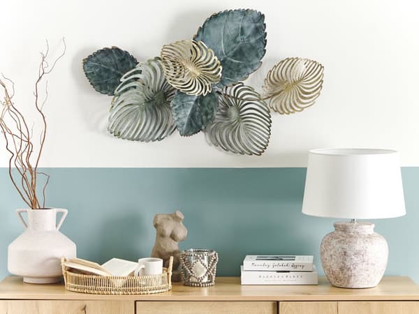 Väggdekór Guld och Blågrön Järn 88 x 55 cm Metall Skulptur Konst Löv Natur Exotisk Boho Modern Tillbehör