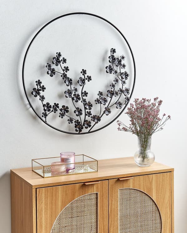 Väggdekoration Metall Svart ⌀ 70 cm Löv Blommor i Ram Väggkonst Modern Industriell Accessoar