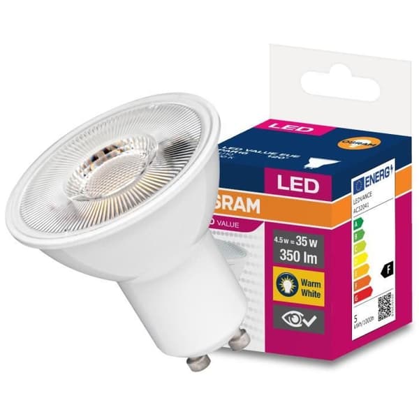 GU10 LED-lampa 4,5W = 35W 350lm 2700K Varm 120° OSRAM-värde