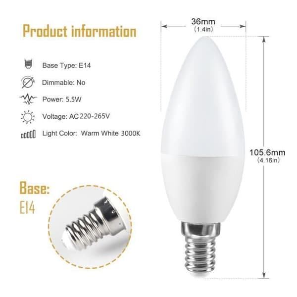 Förpackning med 10 st 5W LED-lampa E14 Basljus Varmvit 3000K 600lm AC220V-265V Motsvarande 40W Halogen Icke-dimbar glödlampa
