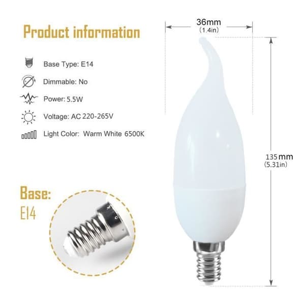 LED-lampa E14 5W Kallvit 6500K Flamespetsljus - Märke - Ekvivalent effekt 65W - LED-teknik