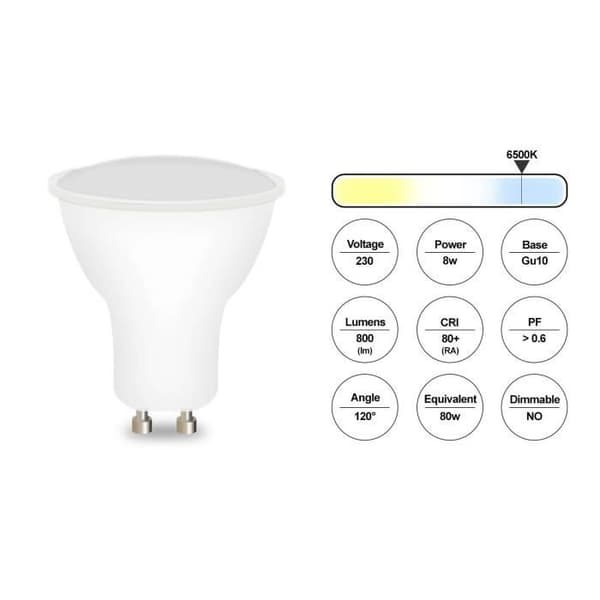 Set med 10 GU10 LED-lampor, 8W motsvarande 80W, 800 lumen, Cool White 6500K, 120° breda strålar, Ej dimbar GU10 LED-lampa