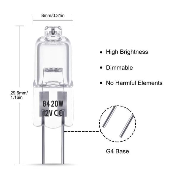 G4 halogenlampor, 12V 20W halogenstiftsbaslampa, 3000K varmvit, 350LM, dimbar, , 10 st.