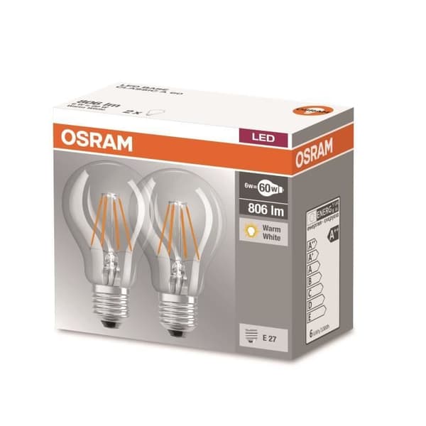 OSRAM Set med 2 E27 LED-lampor standard klar 6W motsvarande 60W varmvit