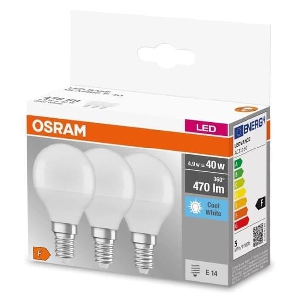OSRAM frostade sfäriska LED-lampor - Låda med 3 - E14 4,9W - Kallvit