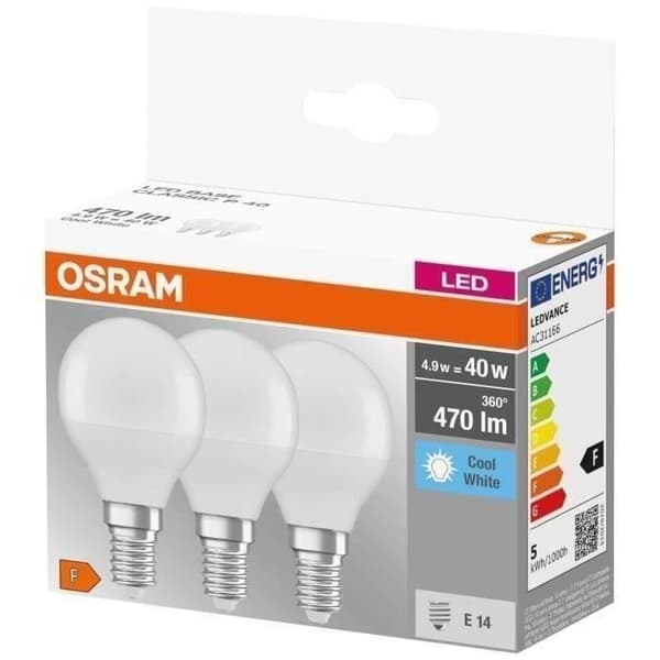OSRAM frostade sfäriska LED-lampor - Låda med 3 - E14 4,9W - Kallvit