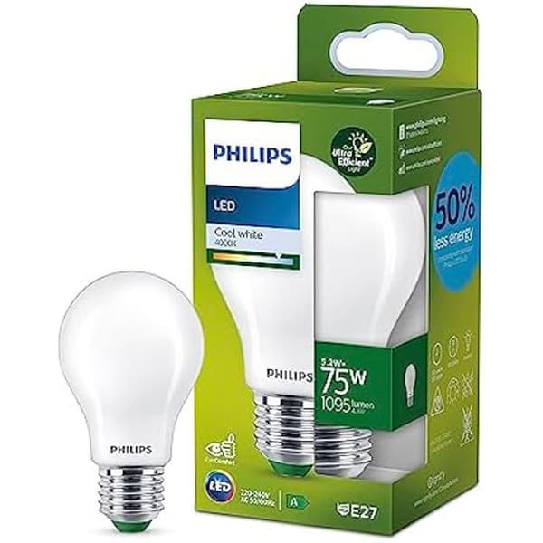 Philips Ultra Efficient Class A LED-lampa, 75W, E27-sockel, kall vit 4000K, frostad