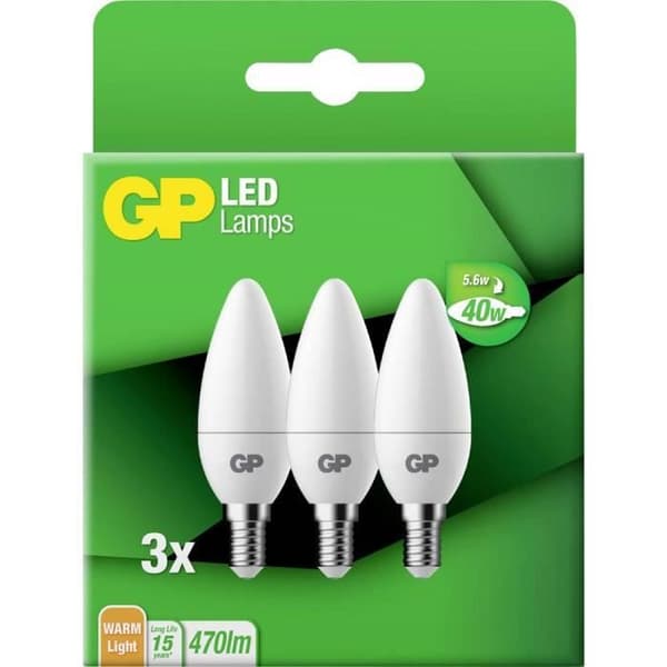 LED CEE: A+ (A++ - E) GP Batterier B35 Kerze 740GPCAN087823B3 E14 N/A Effekt: 5,6 W varmvit N/A 6 kWh/1000h