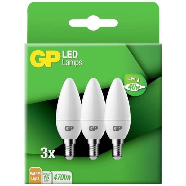 LED CEE: A+ (A++ - E) GP Batterier B35 Kerze 740GPCAN087823B3 E14 N/A Effekt: 5,6 W varmvit N/A 6 kWh/1000h