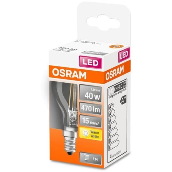 OSRAM LED-klar glödlampa sfärisk filament 4W=40 E14 varm