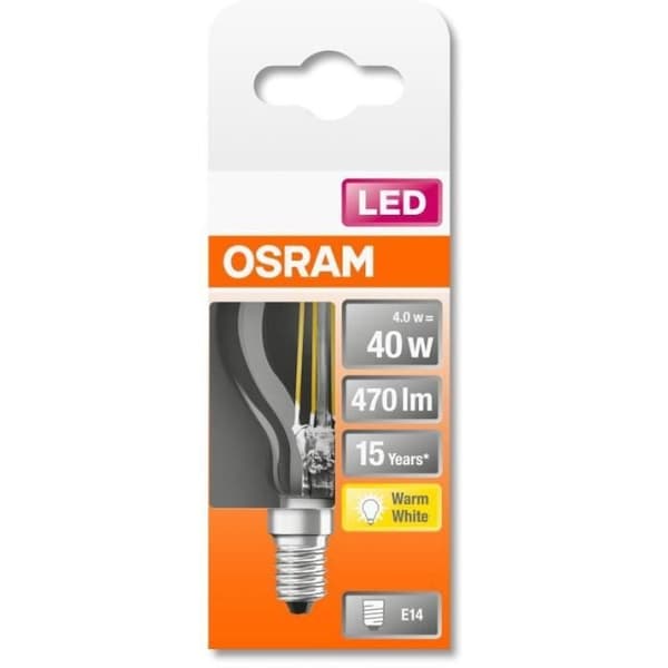 OSRAM LED-klar glödlampa sfärisk filament 4W=40 E14 varm