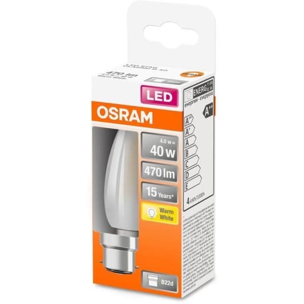 OSRAM LED-lampa Flame frostat glas 4W=40 B22 varm