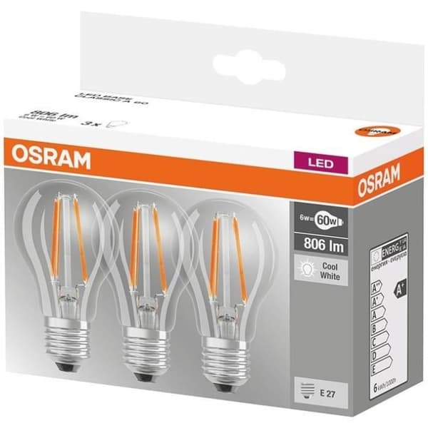 OSRAM Set med 3 E27 LED-lampor standard klar 6,5 W motsvarande 60 W kallvit