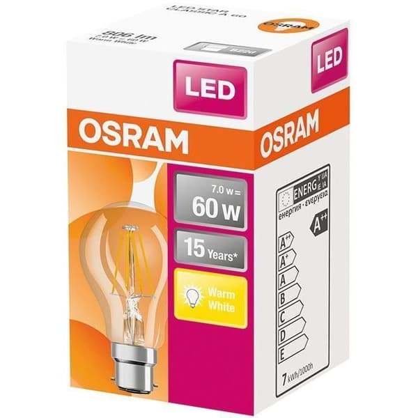 OSRAM LED-lampa Standard klar filament 7W=60 B22 varm