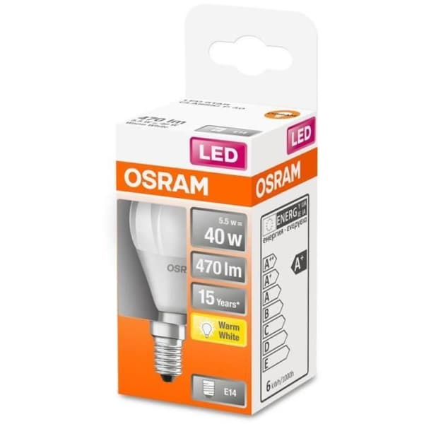 OSRAM Frostad sfärisk LED-lampa med kylare 5W=40 E14 varm