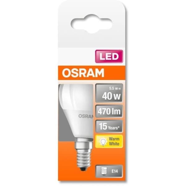 OSRAM Frostad sfärisk LED-lampa med kylare 5W=40 E14 varm
