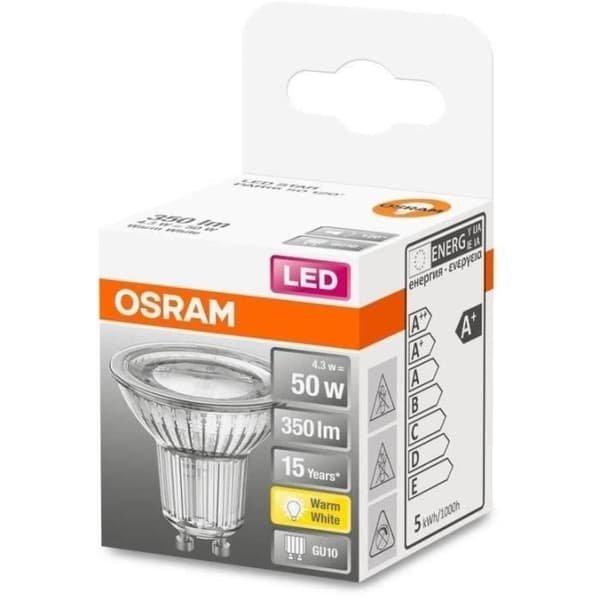 OSRAM Spot par16 LED 120 glas 4,3W GU10 350lm 2700K varm - Box med 1