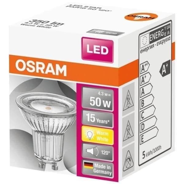 OSRAM Spot par16 LED 120 glas 4,3W GU10 350lm 2700K varm - Box med 1