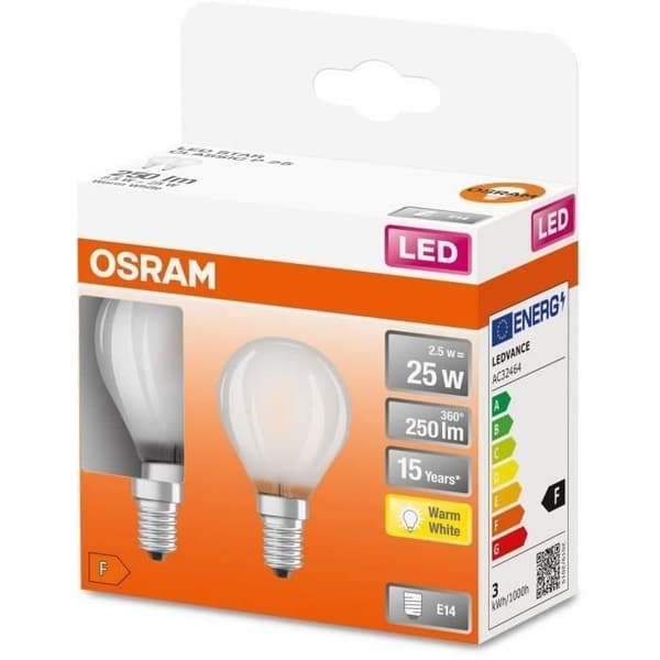 OSRAM - Box med 2 sfäriska LED frostat glas 2,5W E14 250lm 2700K varm