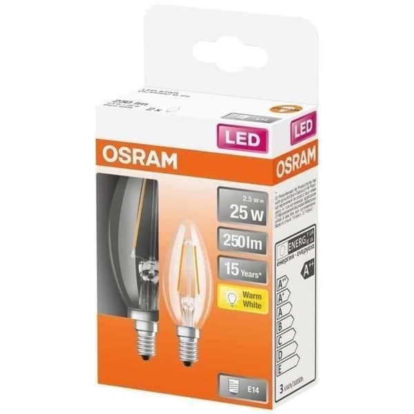 OSRAM - Box med 2 LED flame klarglas 2,5W E14 250lm 2700K varm