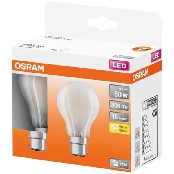 OSRAM - Förpackning med 2 standard LED-glödlampor frostad glas 6.5W b22 806lm 2700K varm