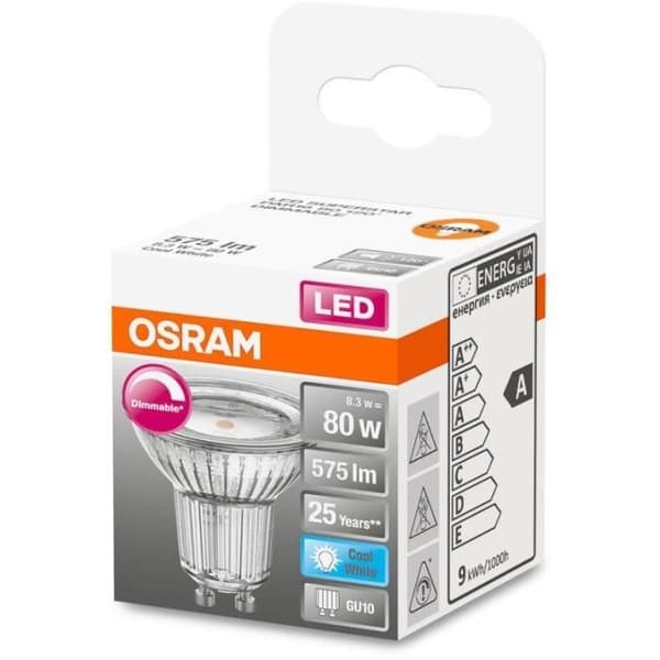 OSRAM Spot PAR16 LED 120° variabelt glas 8,3W=80 GU10 kallt