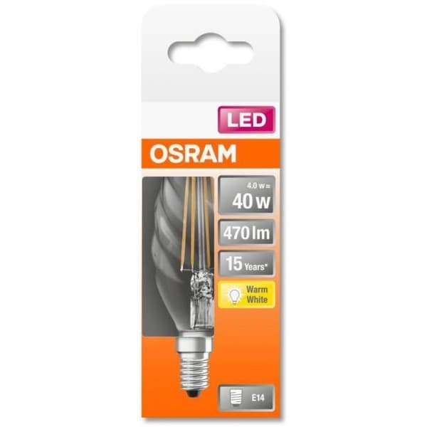 OSRAM LED-lampa Flame tvinnad klar glödtråd 4W=40 E14 varm