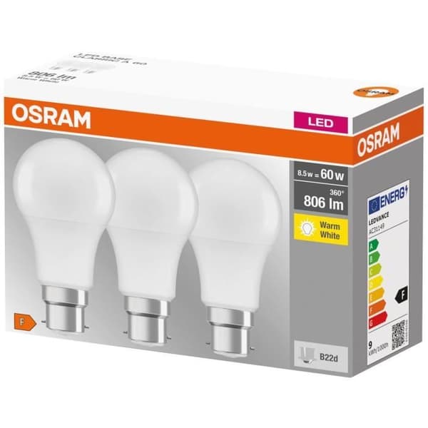 OSRAM 3-pack LED-lampor B22 standard sandblästrad 9,5 W motsvarar 60 W varmvit