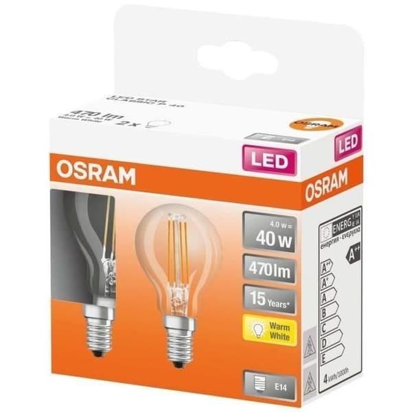 OSRAM - Förpackning med 2 LED sfäriska glas klara 4W E14 470lm 2700K varm