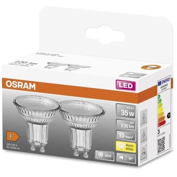 OSRAM Spot par16 LED 50 glas 4.3W GU10 350lm 2700K varm - Förpackning med 2