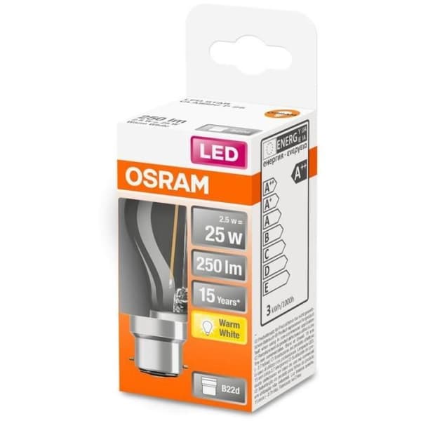 OSRAM LED glödlampa Spherical klar filament 2,5W=25 B22 varm