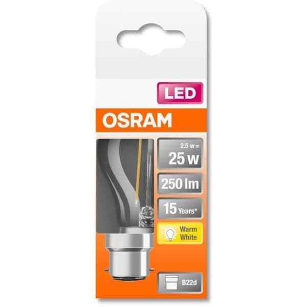 OSRAM LED glödlampa Spherical klar filament 2,5W=25 B22 varm