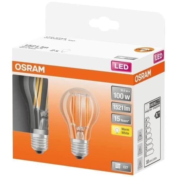 OSRAM - Förpackning med 2 LED standard klart glas 10W E27 1521lm 2700K varm