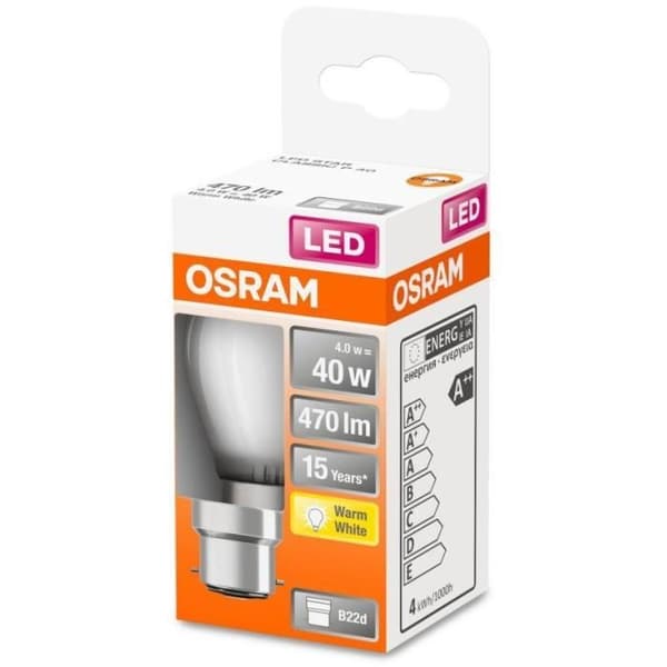 OSRAM Sfärisk LED-lampa frostat glas 4W=40 B22 varm