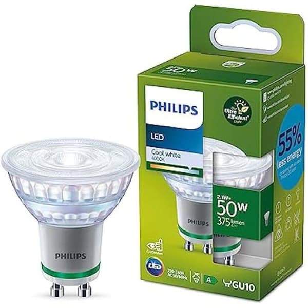 Philips, Ultra Efficient Class A LED-lampa, 50W, GU10-sockel, kall vit 4000K, glas